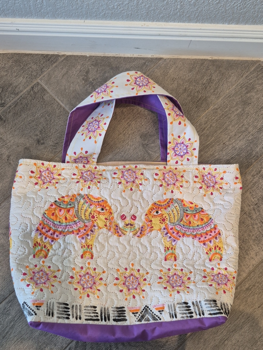 Quilted White & Purple Elephant Print Tote Bag